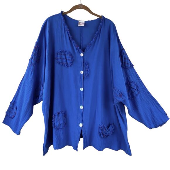 Oh My Gauze! Tops - Oh My Gauze! Button Front Tunic Top Size XL/2X/3X Blue Beach Resort